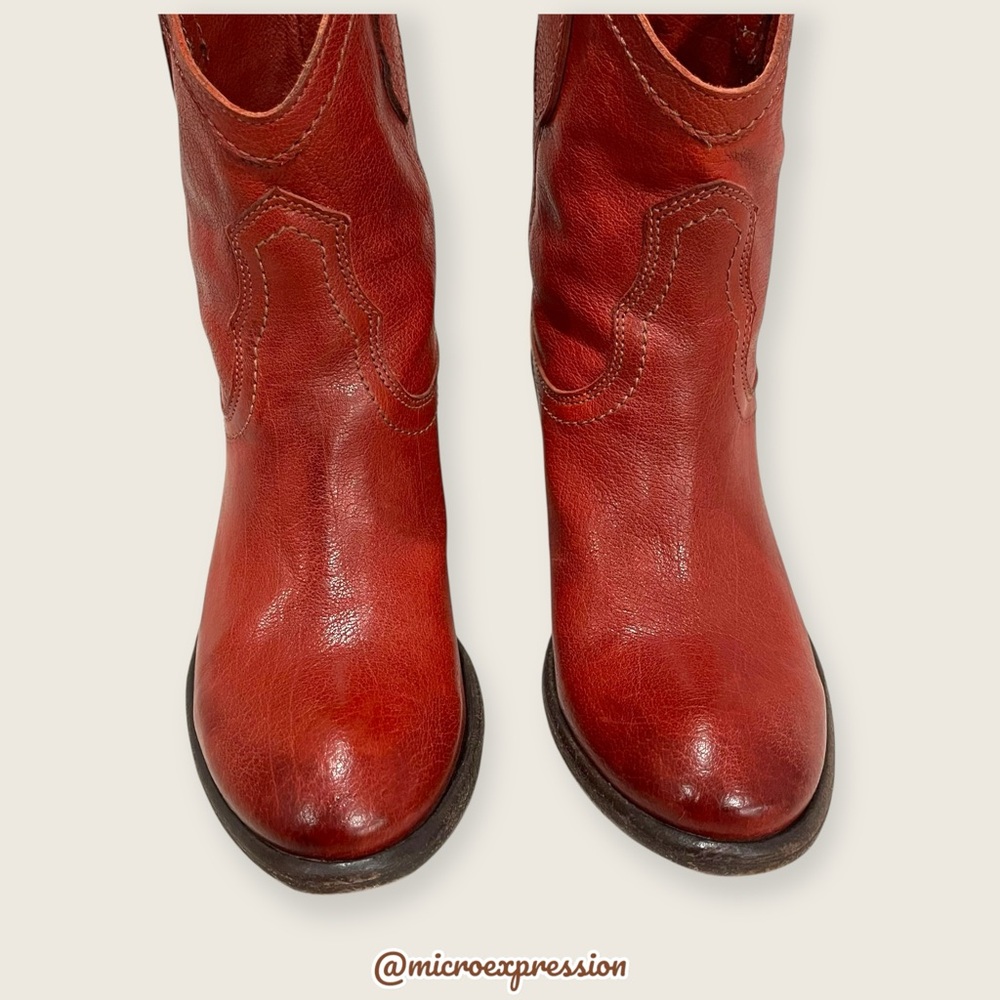 RARE Frye Carson Pull On Red Leather Southern/Western Low Heel Boho Cowgirl Boot - Picture 5 of 10